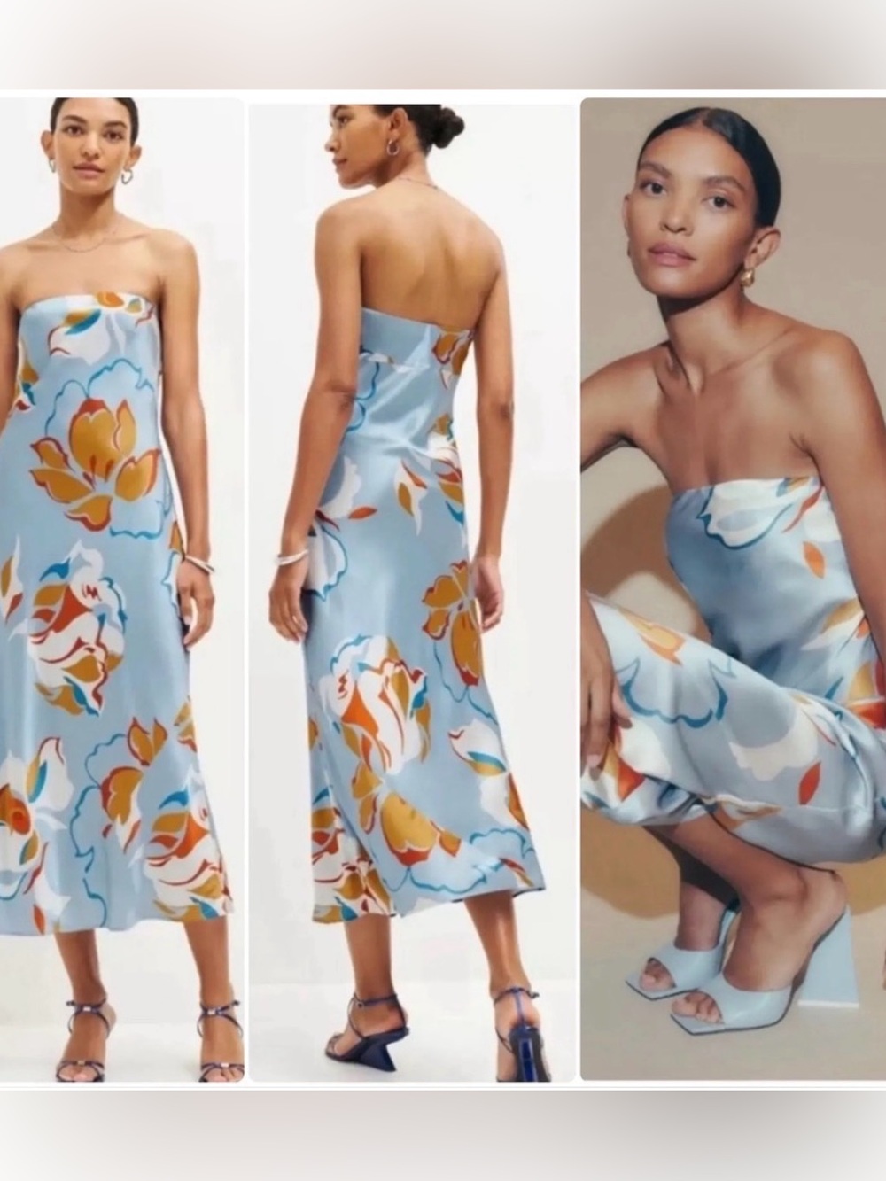 Reformation Strapless Floral Midi Dress in Light Blue and Mustard